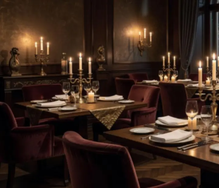 Noblesní jídelna restaurace Bohe Mora s tlumeným světlem svíček a elegantním prostíráním.
