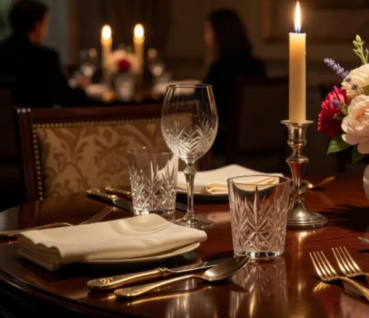 Detail svíčkami nasvětleného gurmánského stolu s vínem a degustačním menu
