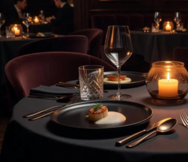 Candlelit gourmet večeře v restauraci Bohe Mora se svíčkami a elegantní tabulí.