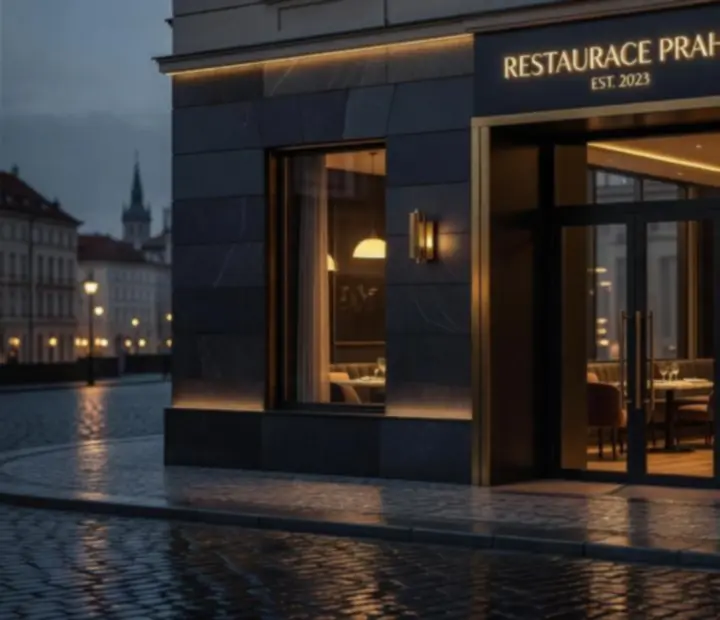 Exteriér restaurace Bohe Mora při večerním osvětlení v centru Prahy.