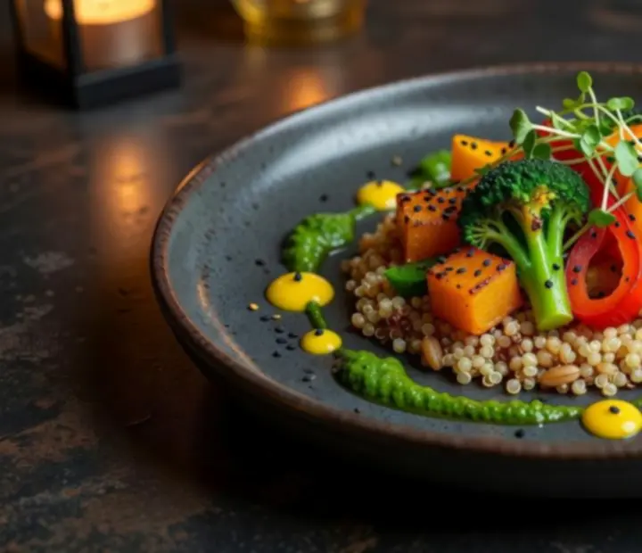 Detailní záběr rostlinného fine dining chodu se sofistikovaným platingem.