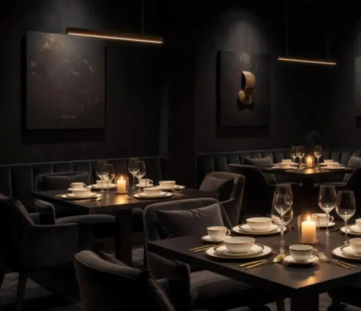 Luxusní VIP dining room Bohe Mora s tlumeným světlem a elegantně prostřenými stoly.